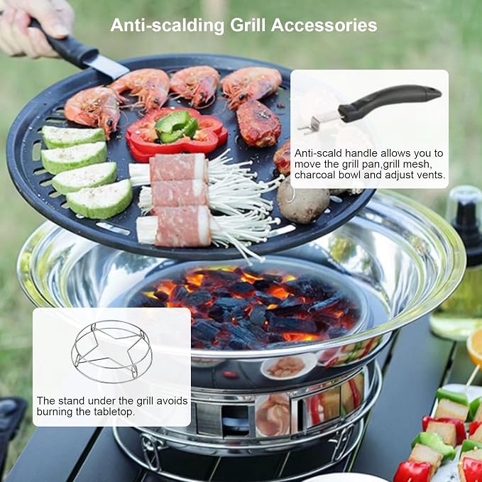 Korean BBQ Grill Charcoal 13.7 Inches Stainless Steel Portable Barbecue Grill and 4 PCS Korean BBQ Tongs