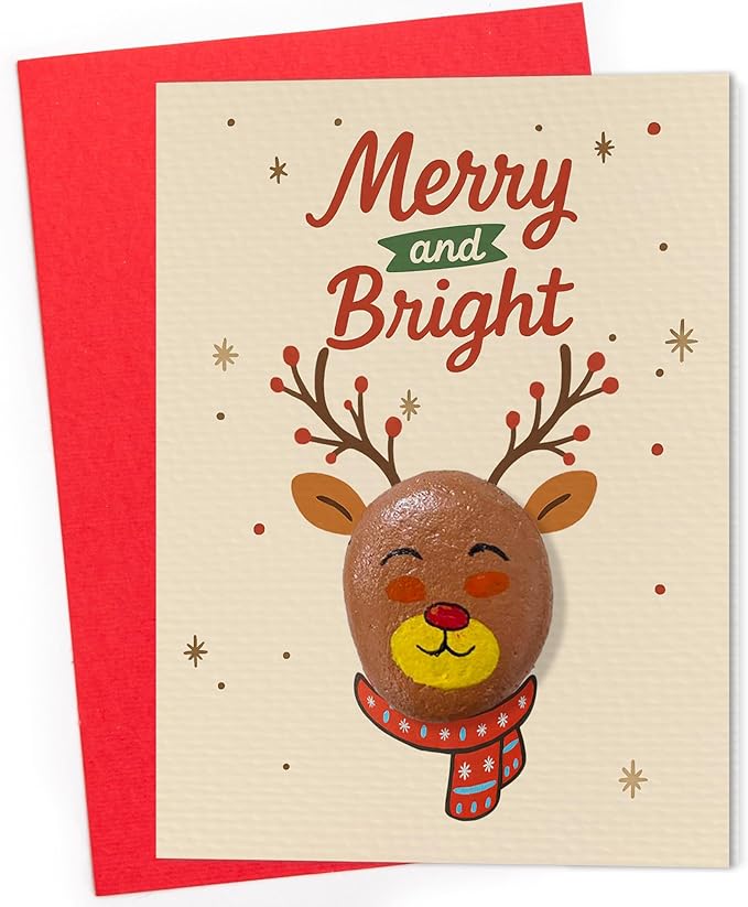 Handmade Christmas Pebble Card – Cute Reindeer “Merry and Bright” Design – Unique Holiday Greeting Card with Pebble Art – Fun Christmas Card for Kids, Friends, Family, Teachers, or Coworkers