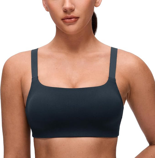 CRZ YOGA Butterluxe Adjustable Wide Strap Sports Bras for Women - Square Back Padded Scoop Neck Yoga Top