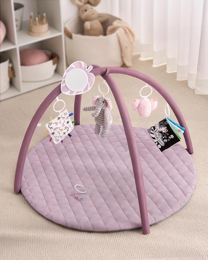 Blissful Diary Baby Play Gym Mat, Tummy Time Activity Mat with 6 Detachable Toys for Stage-Based Sensory & Motor Skill Development, Easy to Install & Clean, Baby Essentials Gift, Lavender Pink