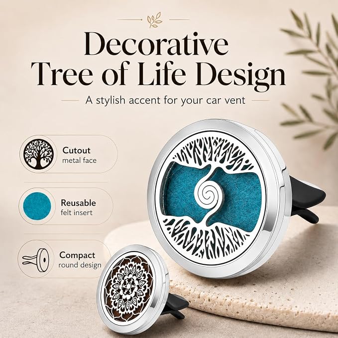 2 Pack Car Vent Essential Oil Diffuser Clips, Silver Tree of Life Air Freshener Vent Clips with 30 Colorful Felt Pads, Reusable Metal Car Aroma Diffuser for Essential Oils, Perfume