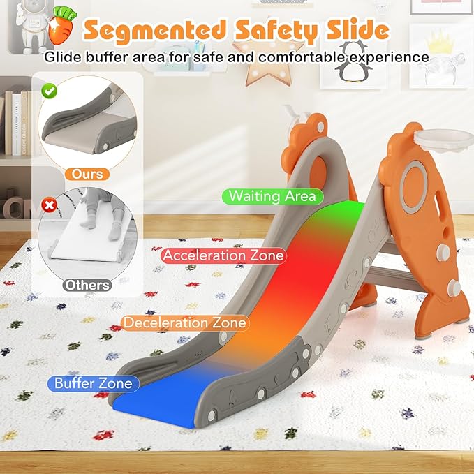 BABY JOY Toddler Slide for Kids, 4 in 1 Indoor Foldable Kids Slide w/Climber, Basketball Hoop & Ring Toss, Folding Climber Playset Baby Freestanding Playground