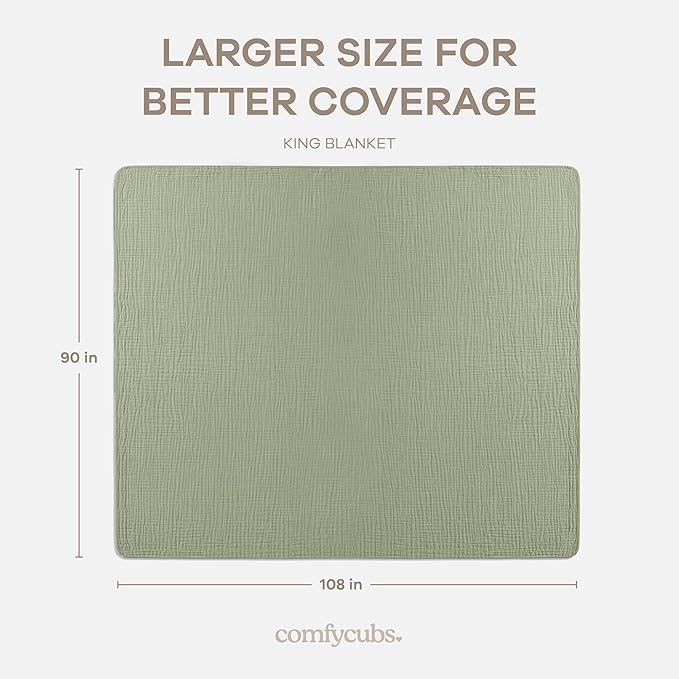 Comfy Cubs Adult Muslin Blanket 108x90” King Swaddle Blankets, Sage | 6 Layer Soft, Breathable & Lightweight Muslin Adult Blanket - Machine Washable & Designed in the US Bedding for All Seasons