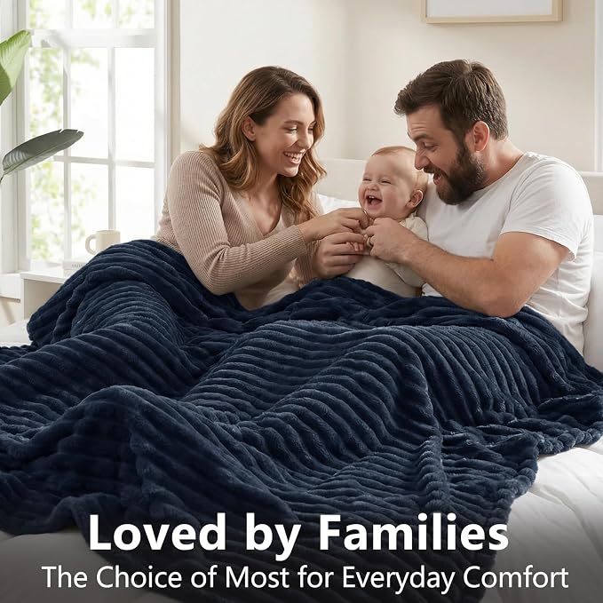 HIMEET Navy Blue Queen Blanket for Bed, 300GSM Ribbed Fleece, 90 x 90 in | Ultra Soft Flannel, All-Season Lightweight Warmth, Cozy Bed Coverage & Bedroom Decor, Gift for Men & Women, Machine Washable