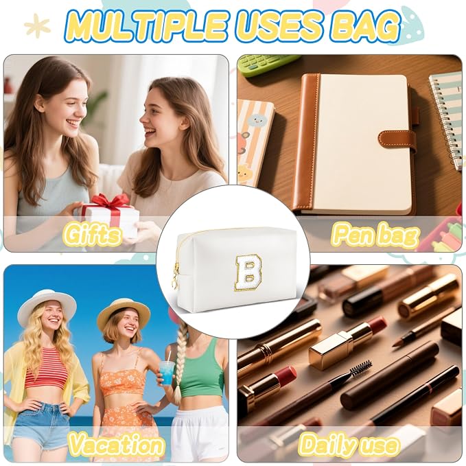 URSKYTOUS Gifts for Girls Initial Makeup Bag Personalized Cosmetic Bag with Zipper Cute Travel Toiletry Bags Waterproof PU Preppy Makeup Pouch Birthday Gift for Teen Girls Women(White B)