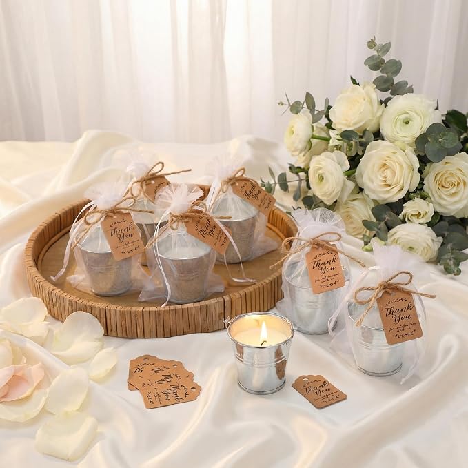 Lounsweer 36 Set Citronella Scented Candles Gifts Bulk with Mini 1.8 oz Metal Buckets Aromatherapy Candles Thank You Cards Hemp Rope White Organza Bags for Bridal Wedding Baby Shower Party Favor Guest