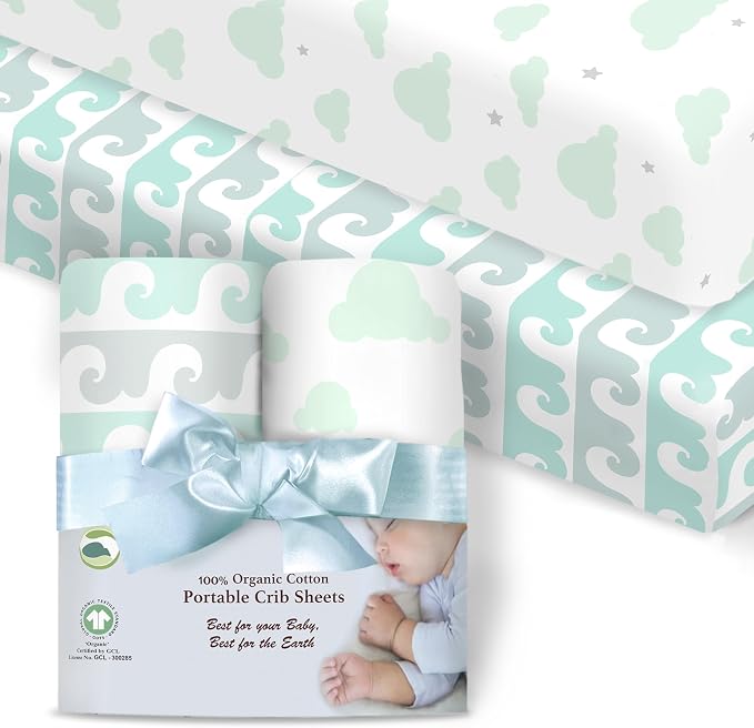 100% Organic Cotton Fitted Sheets Perfectly Compatible with Graco Pack n Play, Babyletto, Pamo Babe, Hiccapop, Dream on Me, Evenflo, Baby Trend Portable/Mini Crib/Playards. 2 Pk
