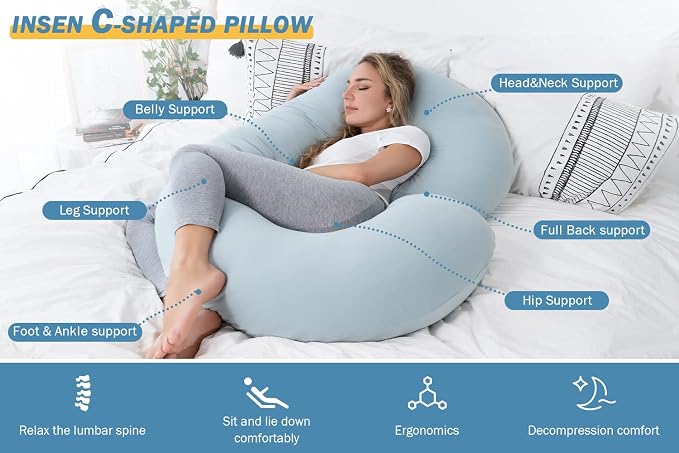 INSEN Pregnancy Pillows for Sleeping, Maternity Pillow with Cooling Cotton Cover, C Shaped for Pregnant Side Sleeping,Green
