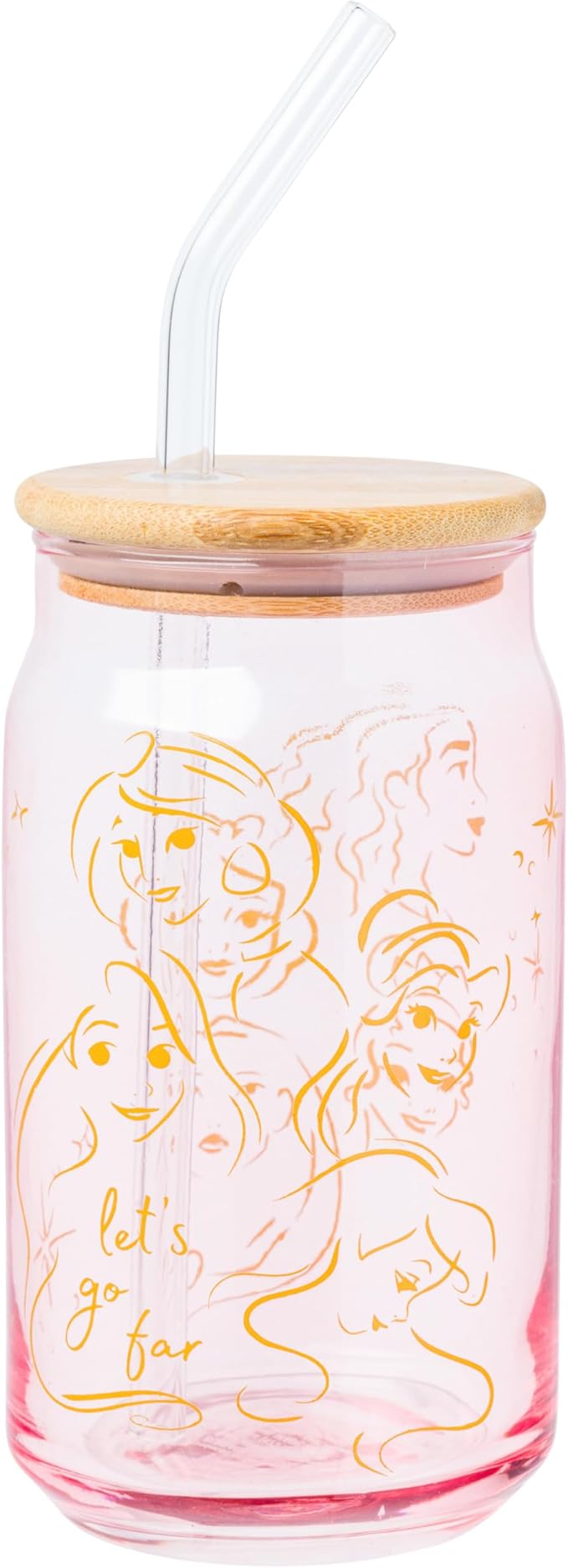 Silver Buffalo Disney Princess Glass Tumbler with Bamboo Lid and Glass Straw Featuring Pocahontas, Tiana, Snow White, Ariel, Belle, Jasmine, Rapunzal, Cinderella, and Moana, 16 Ounces