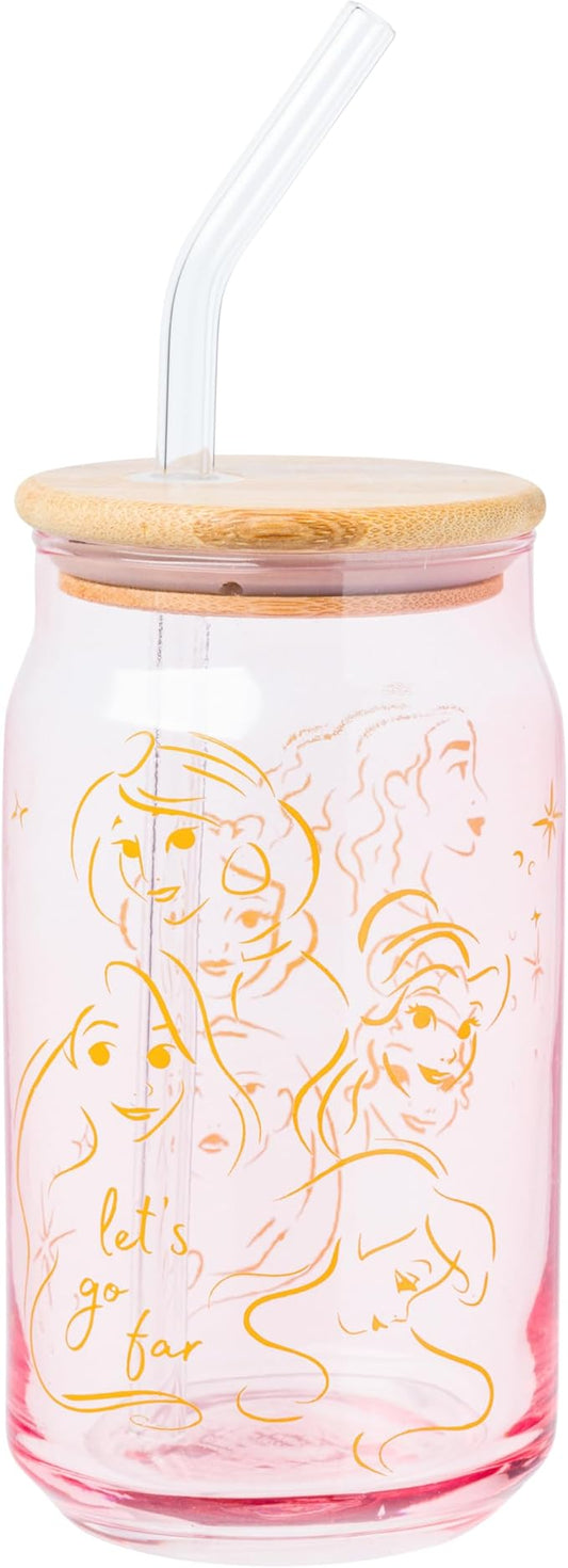 Silver Buffalo Disney Princess Glass Tumbler with Bamboo Lid and Glass Straw Featuring Pocahontas, Tiana, Snow White, Ariel, Belle, Jasmine, Rapunzal, Cinderella, and Moana, 16 Ounces