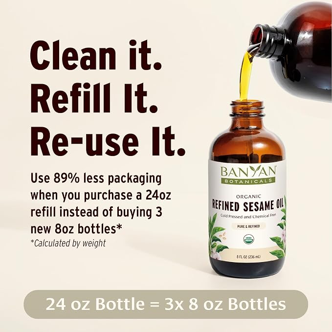 Banyan Botanicals Refined Sesame Oil – Organic Sesame Oil for Skin, Body, Hair & More – Multiple Sizes – 24 oz – Non GMO Sustainably Sourced Vegan