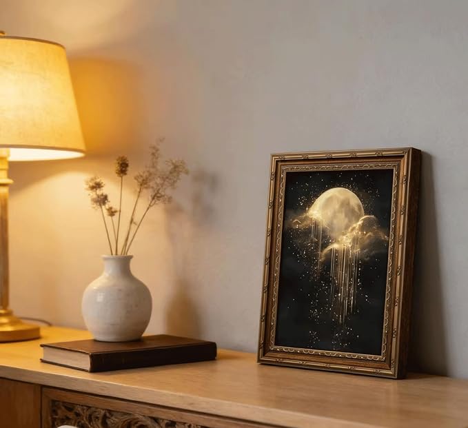Vintage Gold Framed Golden Moon Celestial Wall Art,Moody Celestial Painting Canvas Print,Glittering Golden Rain & Sparkling Stars Wall Decor,Gothic Night Sky Stars Artwork,for Bedroom Living Room Bathroom