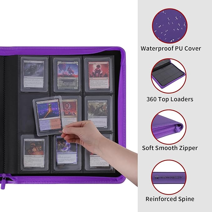 Snekdy Top loader Binder, 9 Pockets Top Loader，Holds 360 Top Loaders cards, Card binder with Sleeves for card in 3 x 4 inches color smooth Zipper PU Leather (Purple)