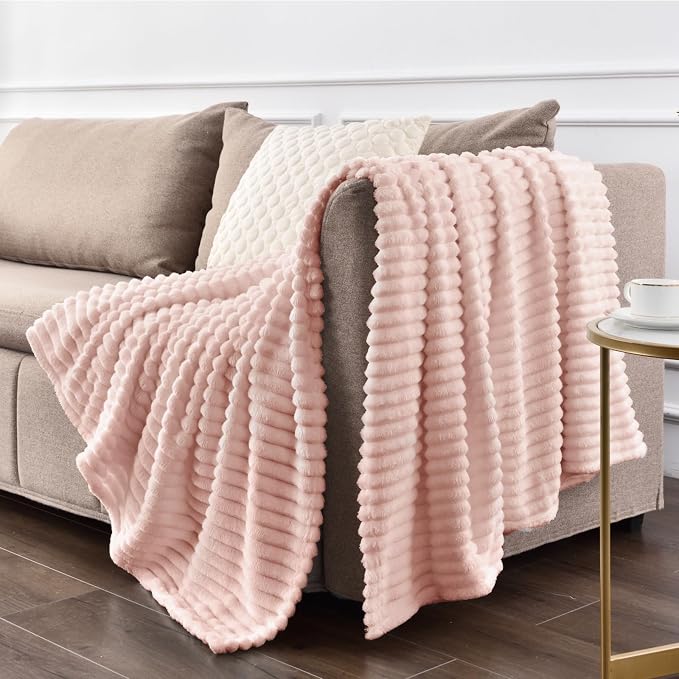 BEDELITE 3D Ribbed Light Pink Fleece Throw Blanket for Couch, 50x60 Inch | Soft Warm Decorative Fluffy Blanket, Cozy Plush Lightweight Fuzzy Throw Blanket for Bed Sofa Home Room Decor, Gift for Women