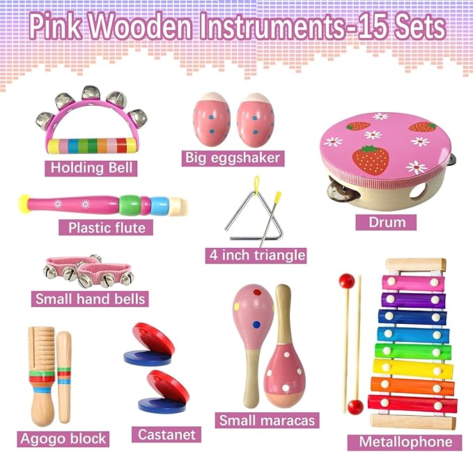 CREPRO Kids Musical Instruments, Orff Wooden Musical Toys for Toddlers 3+, Natural Colors Percussion Instruments Set, Kids Preschool Educational Birthday Gifts
