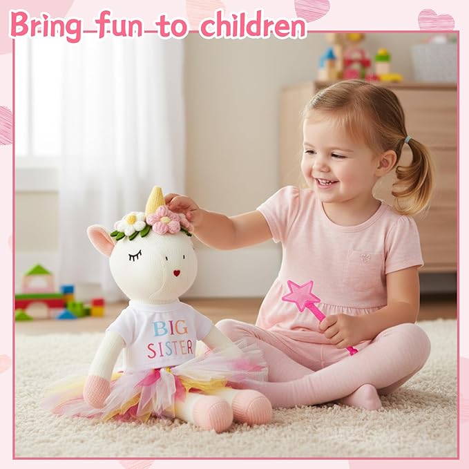 Big Sister Gift for Girls 17 Inches Unicorn Stuffed Plush Doll Short Sleeve Top and Colorful Tutu Skirt Gifts for Girls Toddler