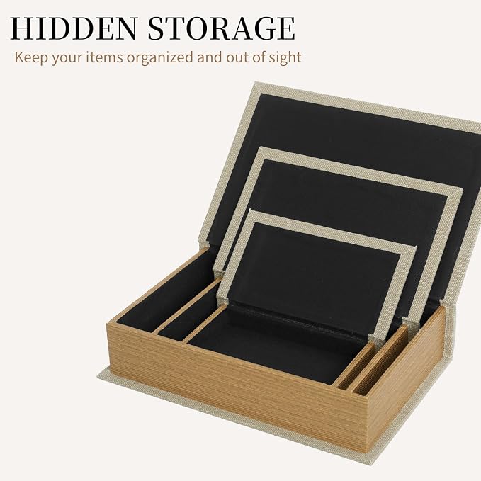 Decorative Book Boxes Set of 3,Modern Faux Linen Hidden Storage, Warm Taupe | For Coffee Table – Stackable Fake Books for Shelf Decor, Remote Control & Jewelry Organizer