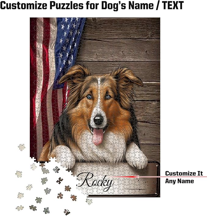 Custom Wooden Jigsaw Puzzles with Your Dog's Name on Collie Art Print - 300 500 1000PCS Puzzles Game and Home Wall Decor
