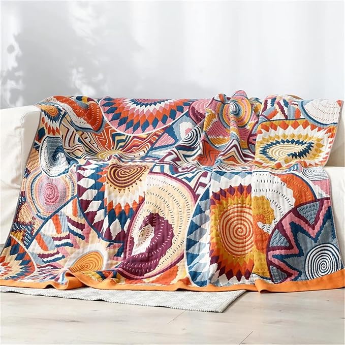 MSGKV Boho Throw Blanket 50"x60" Summer Cotton Colorful World Blanket | 100% Cotton Muslin, Decorative Throw Blanket, Reversible Weave, Soft & Breathable, Cozy Home Decor, Machine Washable