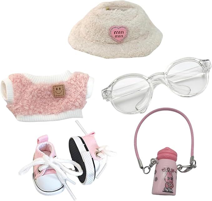 5 Set 17cm Doll Clothes - Clothes for Dolls Outfit - Accessories for 17cm Dolls Clothes +Light Pink Heart-Shaped Velvet hat + Small Camera + Glasses + Canvas Shoes, No Doll Included (Pink Water Cup)