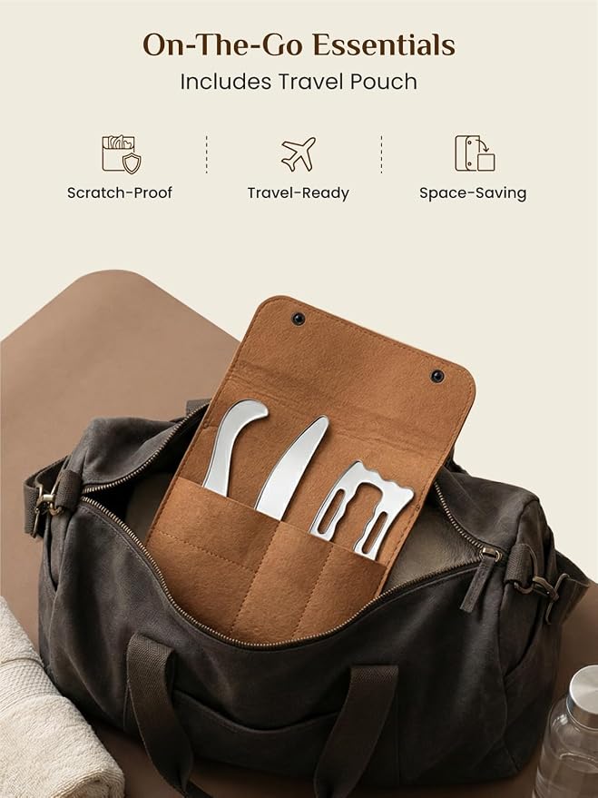 Rena Chris Muscle Scraper Tool Set, Stainless Steel Body Gua Sha for Physical Therapy, Deep Tissue Massage & Lymphatic Drainage, Travel Pouch & Guide Included (3-Piece Kit)