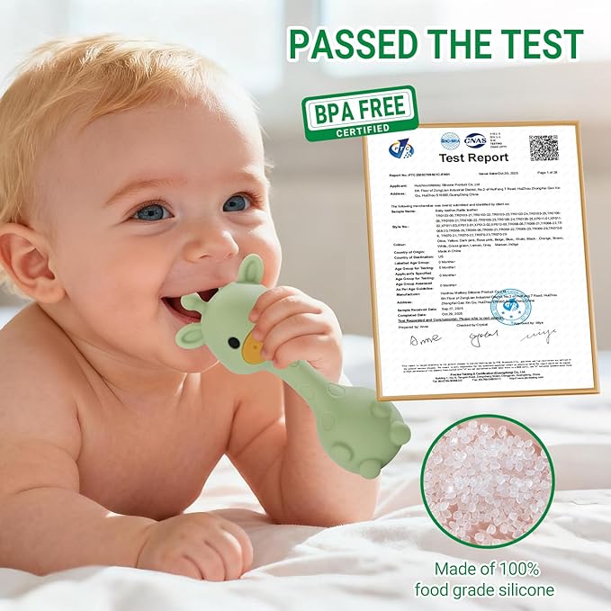 Giraffe Silicone Baby Teether Rattle Toy for 0-6 6-12 Months, BPA-Free Infant Teething Toy with Rattle Sound, Easy-Grip Design for Teething Relief (Olive)