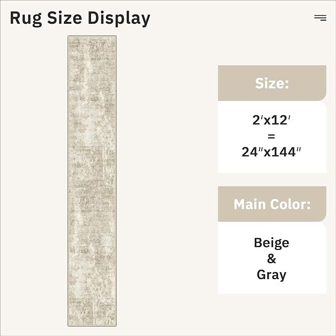 Soalmost Abstract Runner Rug 2x12 Hallway Kitchen Runners Beige/Gray | Vintage Washable Rugs for Bathroom Laundry Room, Low Pile Stain Resistant Floor Carpet Mat Entryway Corridor Bedroom