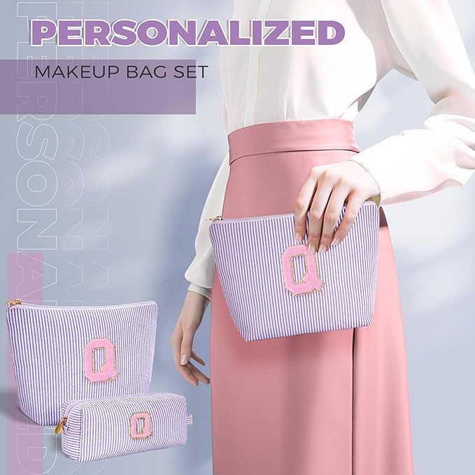 Personalized Makeup Bag for Women Girls - Fashion Cosmetic Bag Trendy Travel Toiletry Bag with Initials Letter - Teen Gifts - Lavender,Q
