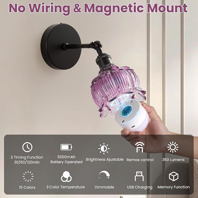 Vintage Battery Operated Wall Sconces: Gothic Wireless Rechargeable Light | 5000mAh Dimmable Powered Sconce Remote Control, Set of 2 Cute Purple Flower Glow Cordless Mounted Lights for Bedroom Bedside