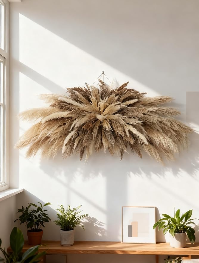 Large Boho Decor Pampas Grass Wall Decor - Need to Assembled | 35~50inch,All-in-One Kit ,Easy Install,Natural Dried Flower, Perfect decor for Living Room、Wedding Arch、Entryway、Party decor