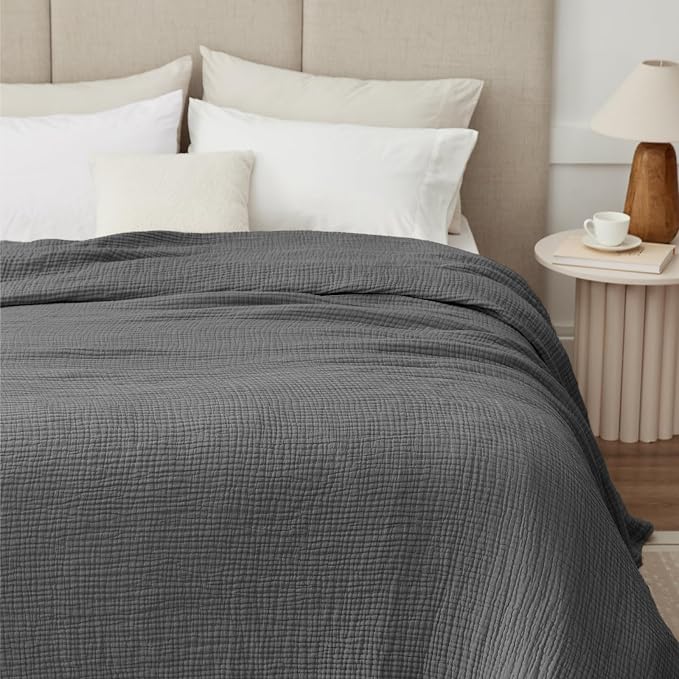 100% Cotton Muslin Blanket Queen 90" x 90", Breathable and Lightweight Cotton Throw Blankets for Bed, Soft Cooling Summer Gauze Blanket for Adults All Season, Charcoal Grey