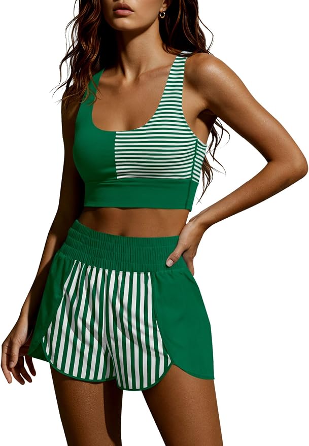 Fisoew Womens Two Piece Workout Outfits Cropped Tank Top Color Block Gym Yoga Athletic Short Sets with Built-in Bra