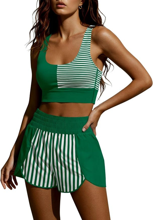 Fisoew Womens Two Piece Workout Outfits Cropped Tank Top Color Block Gym Yoga Athletic Short Sets with Built-in Bra