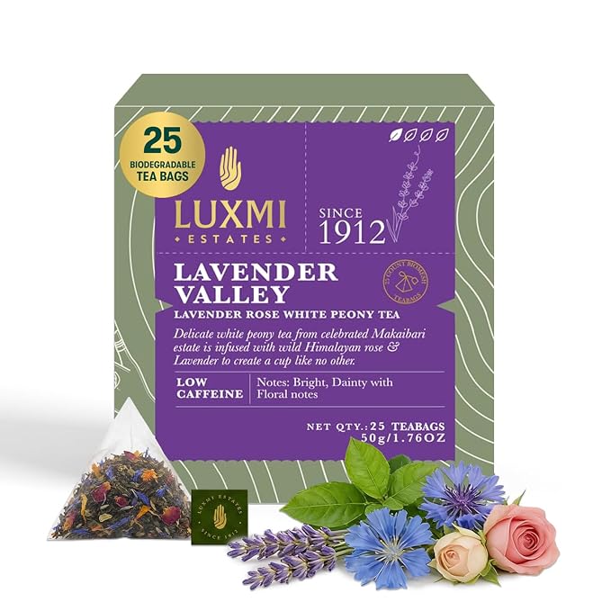 Luxmi Estates Lavender Valley Lavender Tea (25 Tea Bags) Low Caffeine Tea Bags For Relaxing, Calming, and Stress Relief, With Darjeeling Makaibari White Tea
