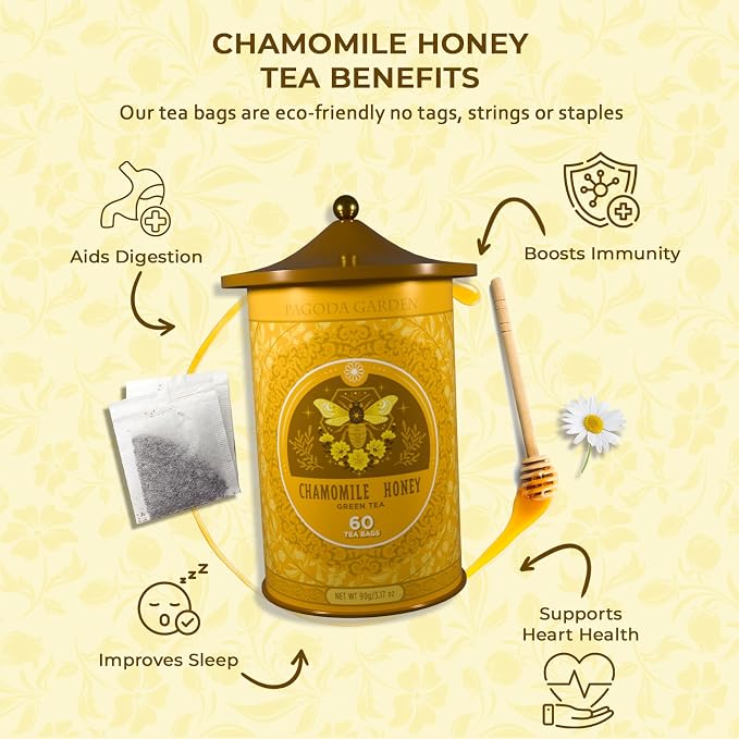 Life Plus Style Gourmet Pagoda Garden Chamomile Honey Green Tea Herbal Green Caffeinated Hot or Iced Natural Sweet Honey 60 Tea Bags