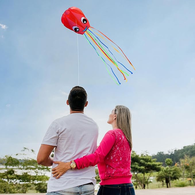 3 Pack Large New Upgraded Smiley Octopus Kites, Long Tail Beautiful Kite for Kids Adults Easy Fly to for Beach Great Outdoor Games and Activities with Family, Red Blue Green 3 Colors
