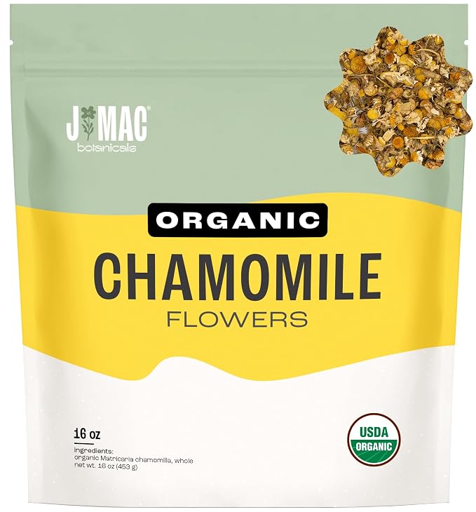 J Mac Botanicals Organic Chamomile Flowers (16 oz) – Whole Egyptian Chamomile Loose Leaf Herbal Tea, Caffeine-Free, Premium Dried Chamomile Flowers for Tea, Baths & Blends