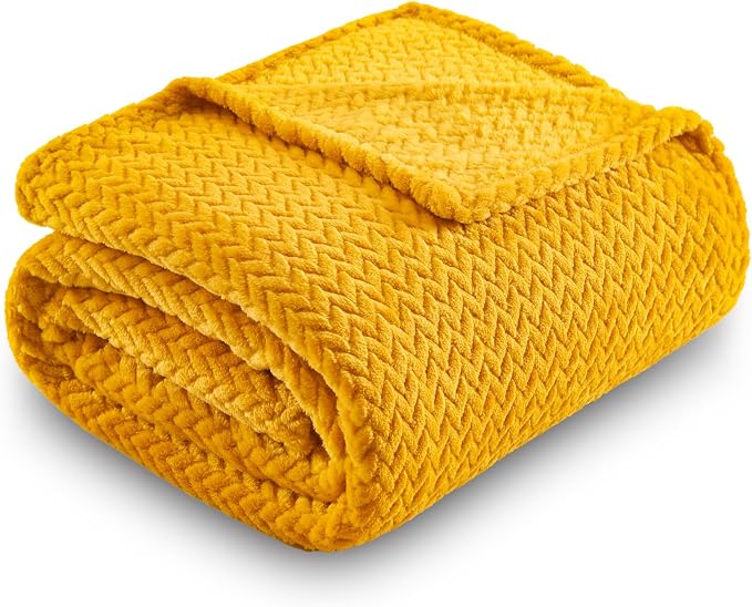 NEWCOSPLAY Fleece Leaves Pattern Throw Blanket, Mustard Yellow, 50"x60" | Super Soft Throw Blanket, Lightweight Cozy Bed Sofa Blanket, Premium Silky Flannel Fleece, Travel Blanket for All Season Use