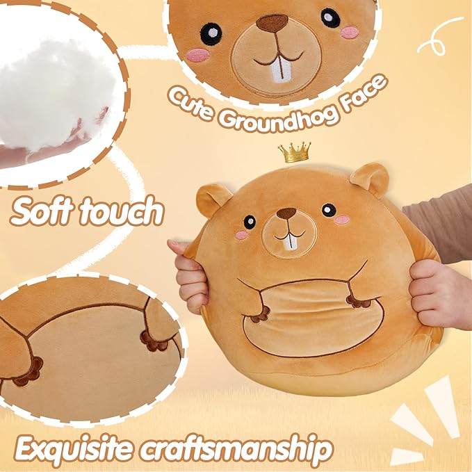 Athionsu 12-Inch Groundhog Plush Pillow Cute Stuffed Animal Cushion for Toddler Kids and Boys, Soft and Squishy Groundhog Plush Toy Pillow forRoom Decor