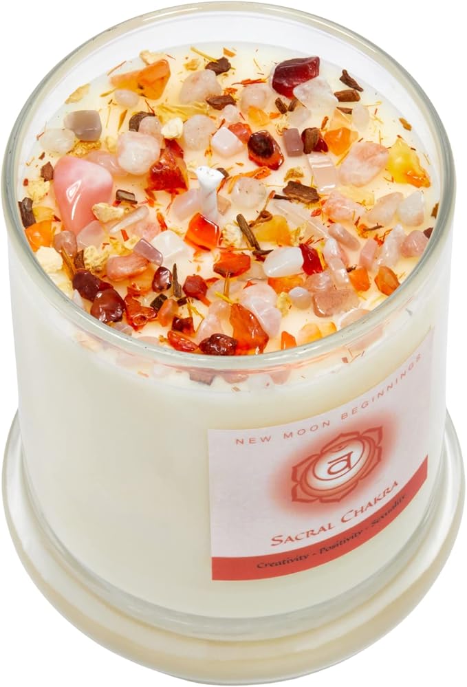 Sacral Chakra Candle by New Moon Beginnings - Chakra Candles - Dried Flower, Herb, & Crystal Candles - Aromatherapy Candles - Soy Candle - 12oz Glass Jar