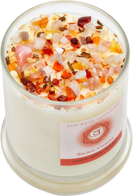 Sacral Chakra Candle by New Moon Beginnings - Chakra Candles - Dried Flower, Herb, & Crystal Candles - Aromatherapy Candles - Soy Candle - 12oz Glass Jar