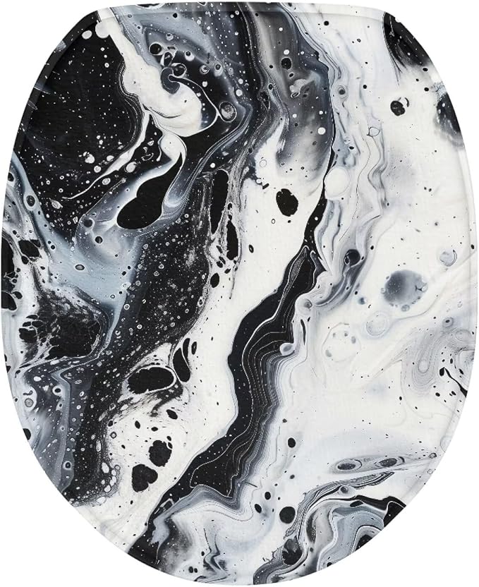 Black and White Marble Toilet Seat Cover, Soft and Comfortable Flannel Seat Cover, Elastic Band at the Bottom Toilet Lid Cover