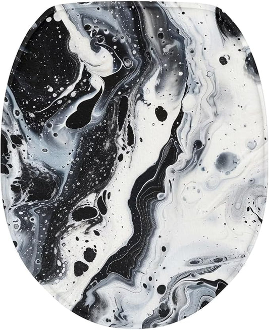 Black and White Marble Toilet Seat Cover, Soft and Comfortable Flannel Seat Cover, Elastic Band at the Bottom Toilet Lid Cover