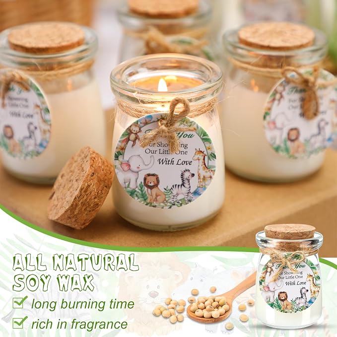 Threlaco 20 Pcs Jungle Animals Baby Shower Favors Party Candle Lavender Scented Glass Mason Jar Wax Candle Bulk for Guests Girl Boy Gender Reveal Party Gifts(Green)