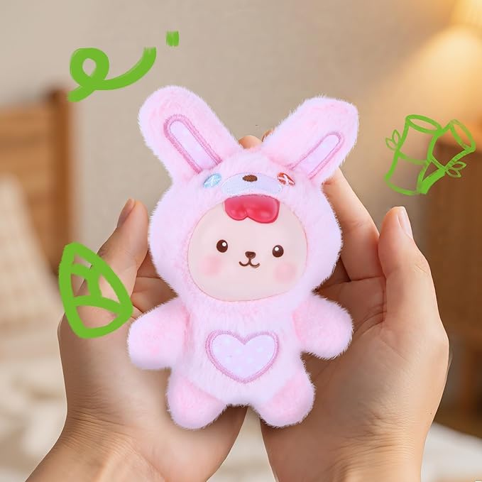Plush Doll, Plush Figure Toys with Vinyl Face Mentl Keyring Heart Embroidery for Girls Boys, Soft Pink Bunny Vinyl Plushies Figure Stuffed Animals Gift for Collectibles Bag Charm Home Decor Birthday