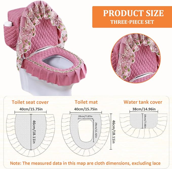Toilet Seat Cover Set, 3Pcs Soft Lace Toilet Cover Set with Storage Bag, Washable Tank for Bathroom