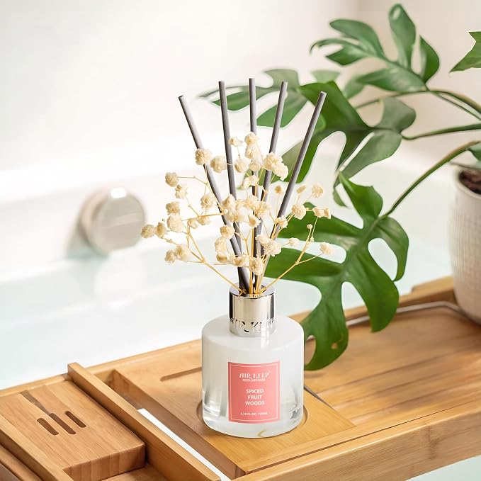 Airkeep Reed Diffuser Set,3.38 fl oz (100 ml) - Spiced Fruit Woods Oil Diffusers with 8 Reed Sticks, Home Fragrance Reed Diffuser for Bathroom Shelf Decor