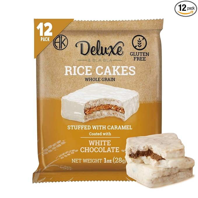 Deluxe & Bla Bla 12 Pack Stuffed Rice Cake Whole Grain, Natural & Healthy Snack Gluten Free, Kosher Certificate & Low Calorie 28 Gr (Caramel White Chocolate)