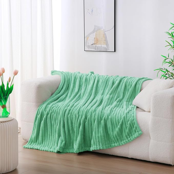 Mint Green Fleece Throw Blanket 60”×80” for Couch Sofa Livingroom | Super Soft Cozy Plush Microfiber Flannel Bed Blanket Striped Design Lightweight Home Decor Gifts for Adults Mom Women