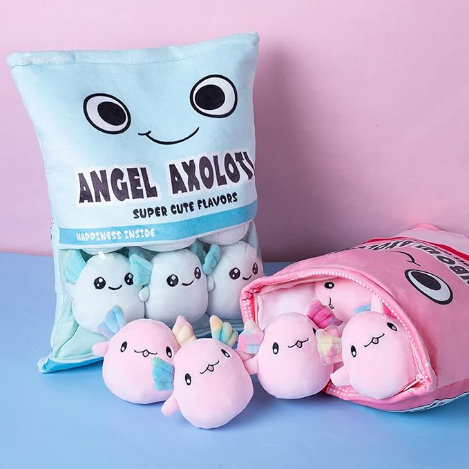 REFAHB Cute Axolotl Plush Toy, Removable Salamander Animal Stuffed Plush Pillow, Kawaii Plush Cushion Toy Game for Kids, Girls, Birthday Gift (6pcs a Bag, Blue)
